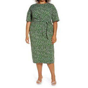 Halogen Print Side Tie Midi Dress Crew Short Sleeve Belted Cinched Casual - XL
